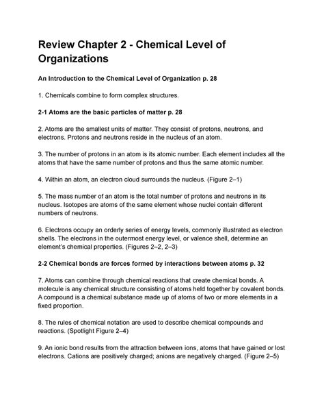 chapter 2 the chemical level of organization worksheet answer key